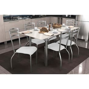 Conjunto: Mesa de Cozinha Elba Tampo Madeirado c/ Vidro 160cm e 6 Cadeiras Portugal Cromada/Off White - Courano Branco - Kappesberg