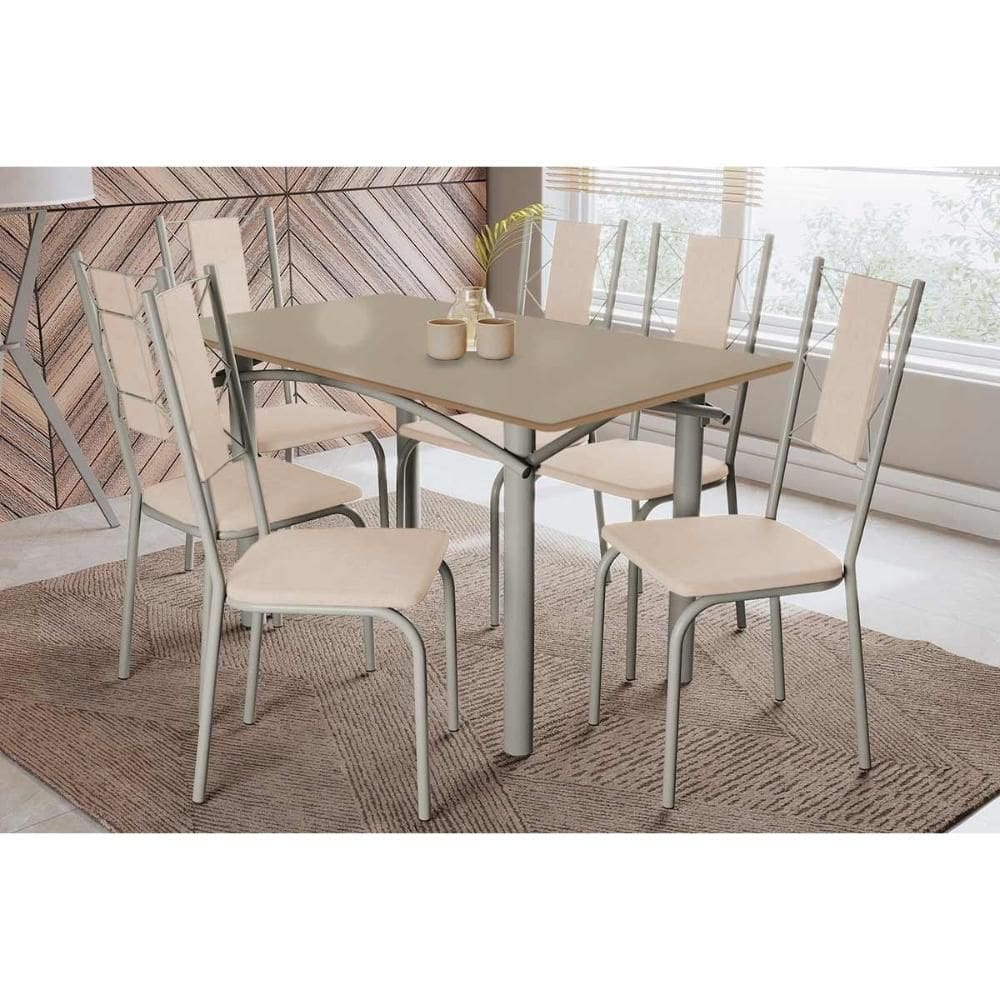 Conjunto: Mesa de Cozinha Elba Tampo Madeirado c/ Vidro 160cm e 6 Cadeiras Lisboa Niquel/Freijo Bronze - Courano Bege - Kappesberg