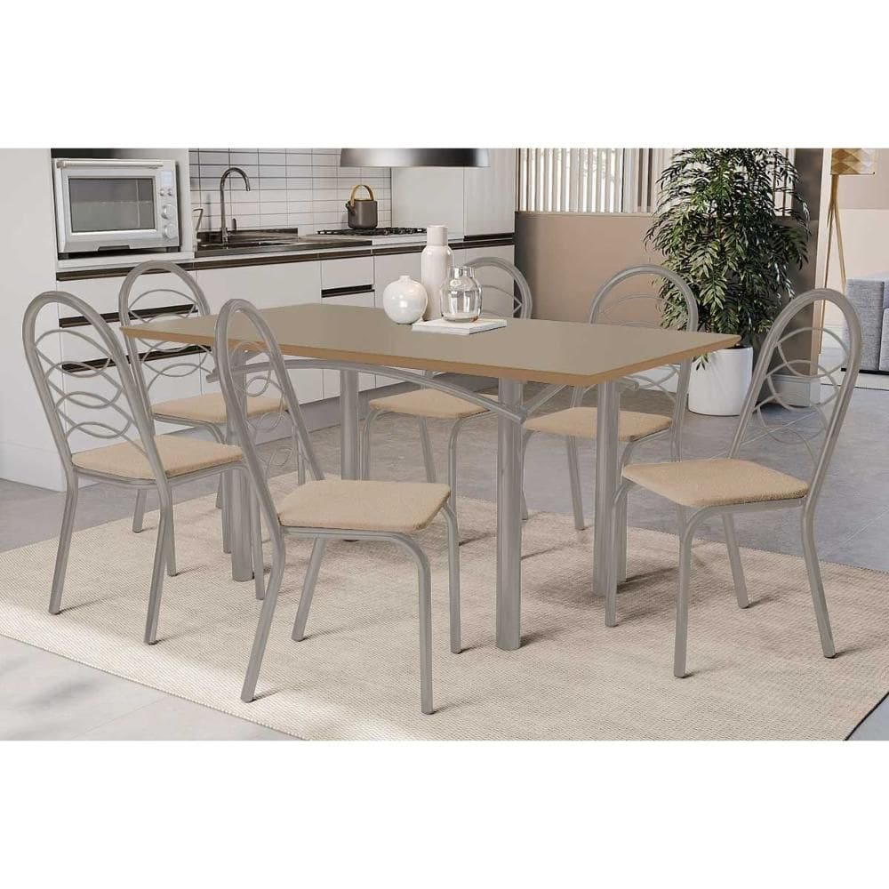 Conjunto: Mesa de Cozinha Elba Tampo Madeirado c/ Vidro 160cm e 6 Cadeiras Holanda Niquel/Freijo Bronze - Courano Bege - Kappesberg
