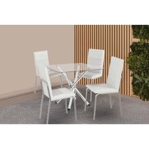Conjunto: Mesa Sala Jantar Volga c/ Tampo de Vidro 90cm e 4 Cadeiras Amsterdã Cromada - Courano Branco - Kappesberg