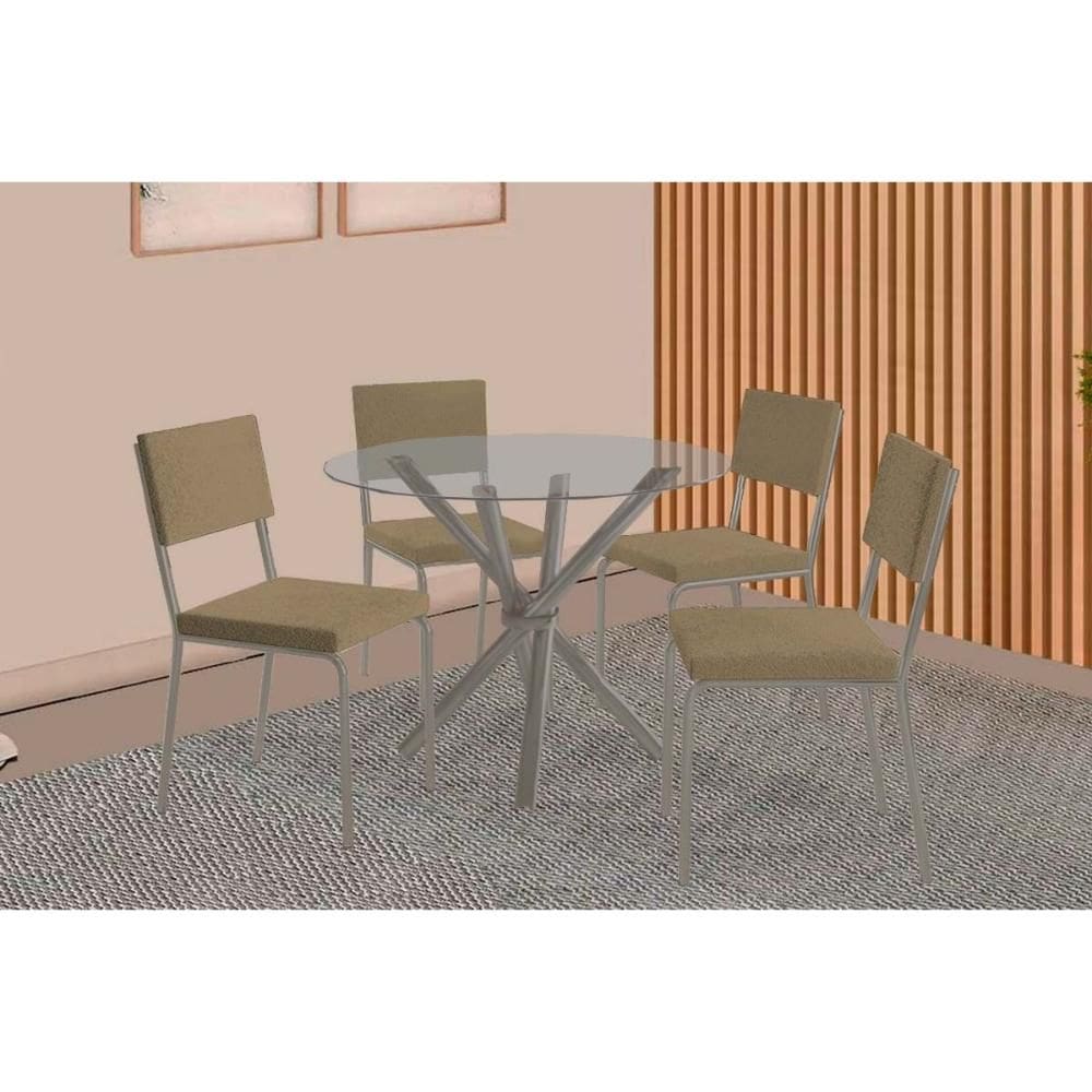 Conjunto: Mesa de Cozinha Volga c/ Tampo de Vidro 95cm e 4 Cadeiras Zaria Niquel - Boucle Bege - Kappesberg