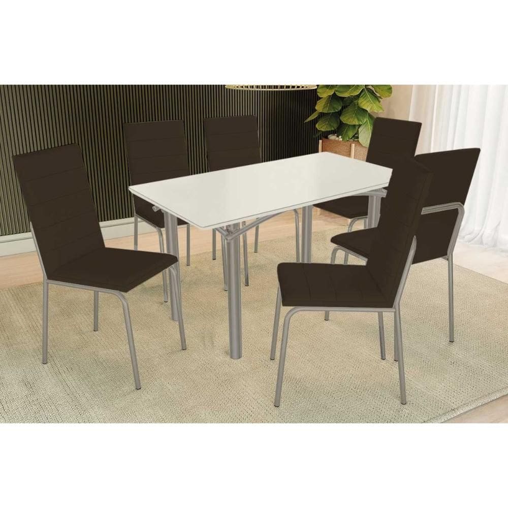 Conjunto: Mesa de Cozinha Elba Tampo Madeirado c/ Vidro 160cm e 6 Cadeiras Amsterdã Niquel/Off White - Courano Marrom - Kappesberg