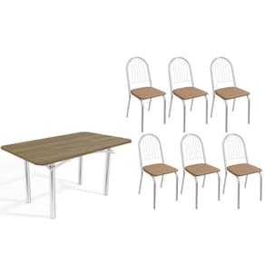 Conjunto: Mesa Sala Jantar Elba c/ Tampo de Madeira 160cm e 6 Cadeiras Noruega Cromada/Nogueira - Courano Capuccino - Kappesberg
