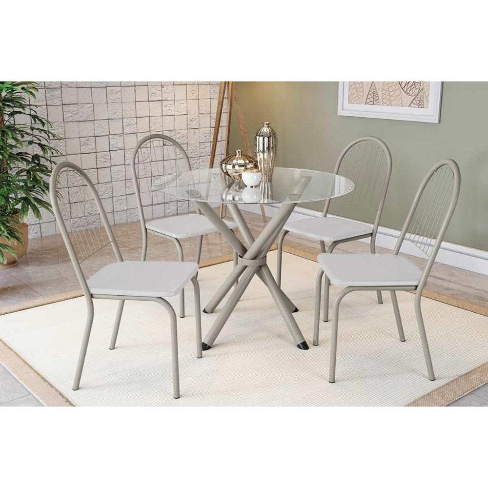 Conjunto: Mesa Sala Jantar Volga c/ Tampo de Vidro 95cm e 4 Cadeiras Noruega Niquel - Courano Branco - Kappesberg