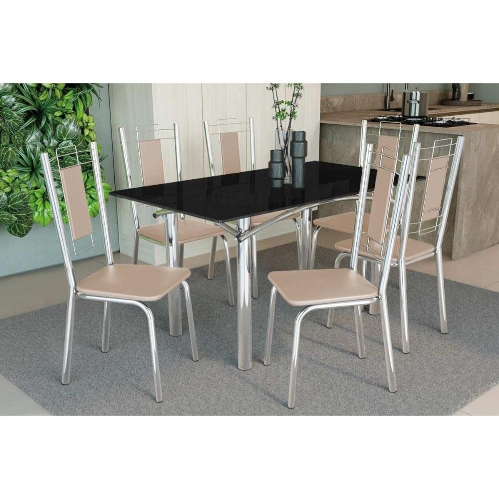 Conjunto: Mesa de Cozinha Elba Tampo Madeirado c/ Vidro 160cm e 6 Cadeiras Florença Cromada/Preto - Courano Bege - Kappesberg