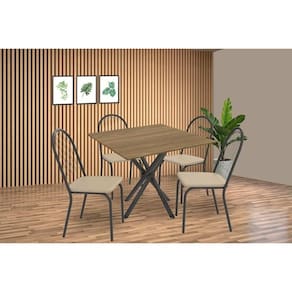 Conjunto: Mesa Sala Jantar Volga c/ Tampo de Madeira 90cm e 4 Cadeiras Noruega Preto/Nogueira - Bege - Kappesberg