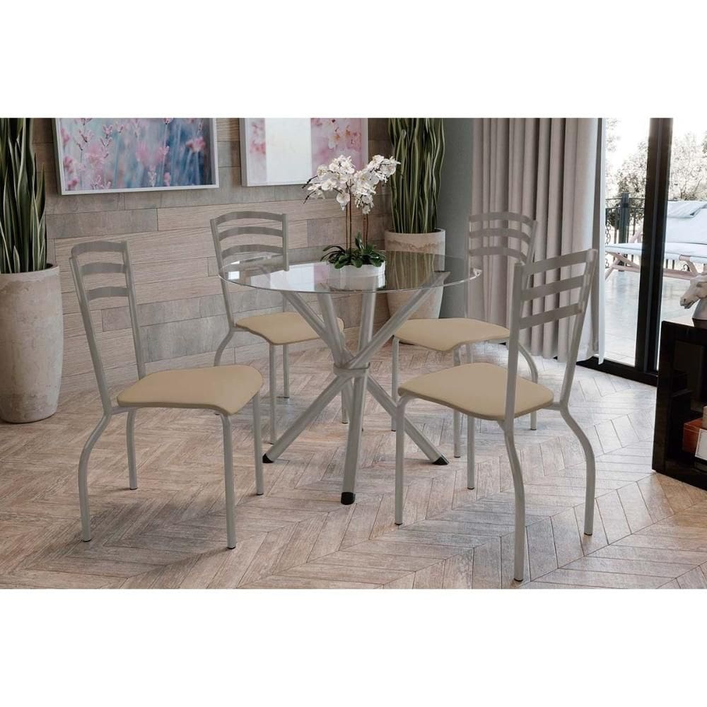Conjunto: Mesa de Cozinha Volga c/ Tampo de Vidro 95cm e 4 Cadeiras Portugal Niquel - Courano Capuccino - Kappesberg