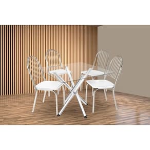 Conjunto: Mesa de Cozinha Volga c/ Tampo de Vidro 90cm e 4 Cadeiras Noruega Cromada - Courano Branco - Kappesberg