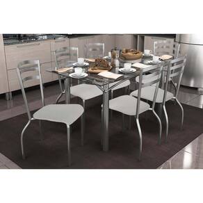 Conjunto: Mesa Sala Jantar Elba c/ Tampo de Vidro 140cm e 6 Cadeiras Portugal Cromada - Courano Branco - Kappesberg