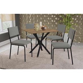 Conjunto: Mesa de Cozinha Volga c/ Tampo de Madeira 90cm e 4 Cadeiras Zaria Preto/Nogueira - Boucle Cinza - Kappesberg