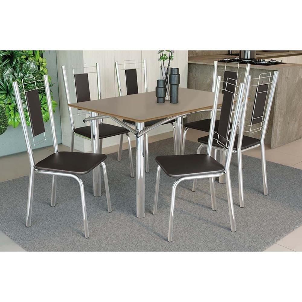 Conjunto: Mesa de Cozinha Elba Tampo Madeirado c/ Vidro 120cm e 6 Cadeiras Florença Cromada/Freijo Bronze - Courano Preto - Kappesberg