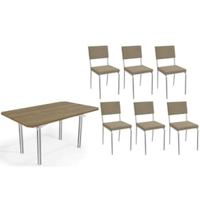 Conjunto: Mesa Sala Jantar Elba c/ Tampo de Madeira 160cm e 6 Cadeiras Zaria Cromada/Nogueira - Boucle Bege - Kappesberg