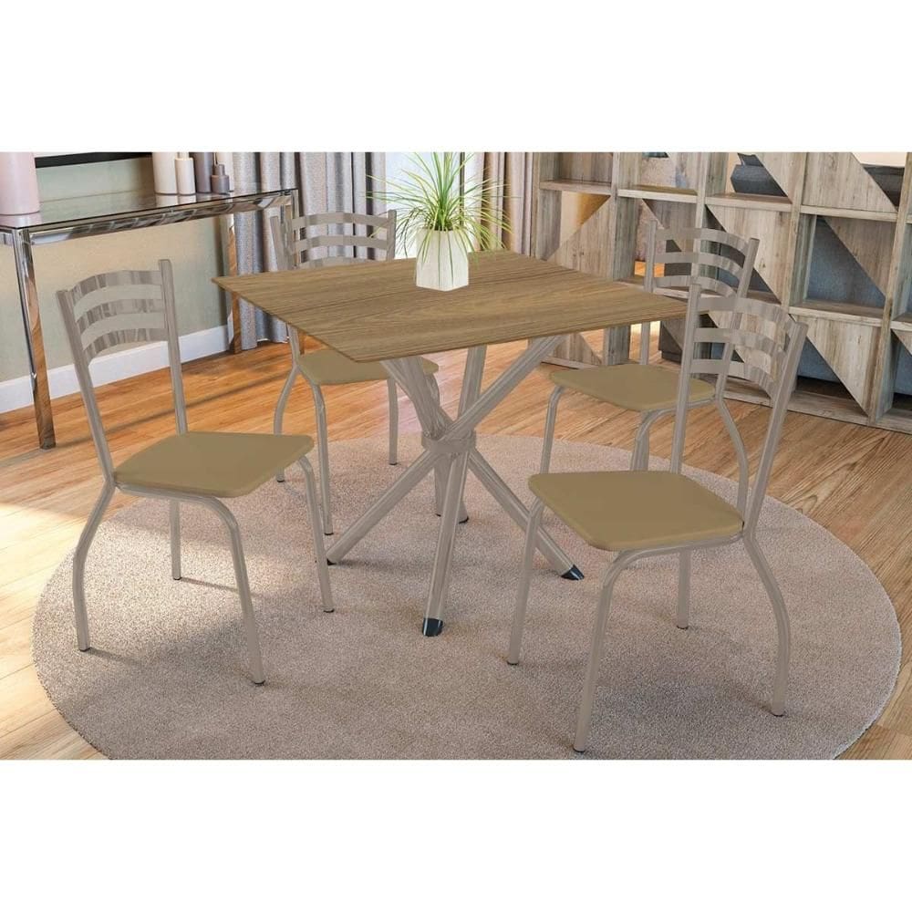 Conjunto: Mesa de Cozinha Volga c/ Tampo de Madeira 90cm e 4 Cadeiras Portugal Niquel/Nogueira - Courano Capuccino - Kappesberg