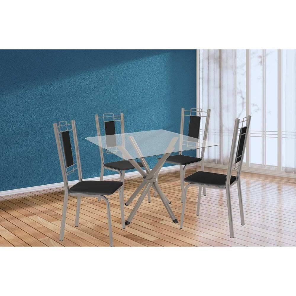 Conjunto: Mesa de Cozinha Volga c/ Tampo de Vidro 90cm e 4 Cadeiras Florença Niquel - Courano Preto - Kappesberg
