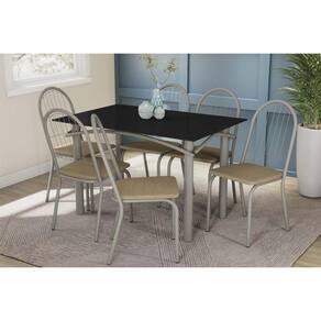 Conjunto: Mesa de Cozinha Elba Tampo Madeirado c/ Vidro 120cm e 6 Cadeiras Noruega Niquel/Preto - Courano Capuccino - Kappesberg