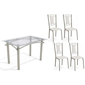 Conjunto: Mesa Sala Jantar Elba c/ Tampo de Vidro 120cm e 4 Cadeiras Florença Niquel - Courano Branco - Kappesberg
