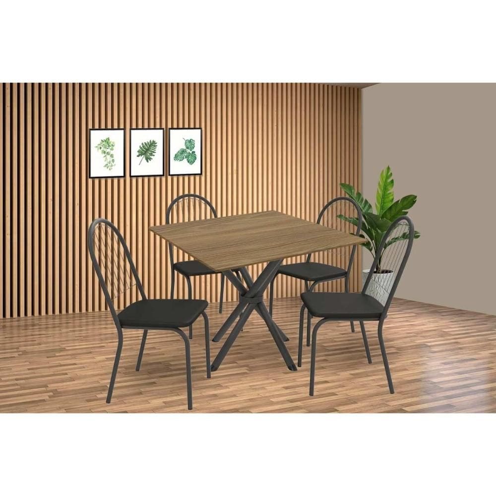 Conjunto: Mesa Sala Jantar Volga c/ Tampo de Madeira 90cm e 4 Cadeiras Noruega Preto/Nogueira - Preto - Kappesberg