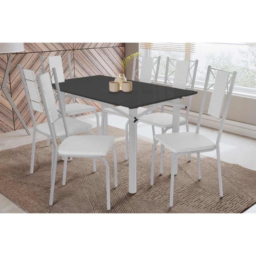 Conjunto: Mesa Sala Jantar Elba Tampo Madeirado c/ Vidro 120cm e 6 Cadeiras Lisboa Cromada/Preto - Courano Branco - Kappesberg
