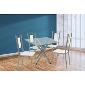 Conjunto: Mesa de Cozinha Volga c/ Tampo de Vidro 90cm e 4 Cadeiras Florença Niquel - Courano Branco - Kappesberg
