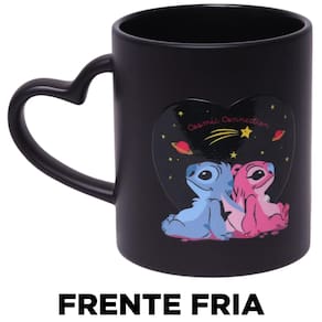 Caneca Stitch Angel Namorados Mágica Porcelana 300ml Alça Coração Oficial Disney
