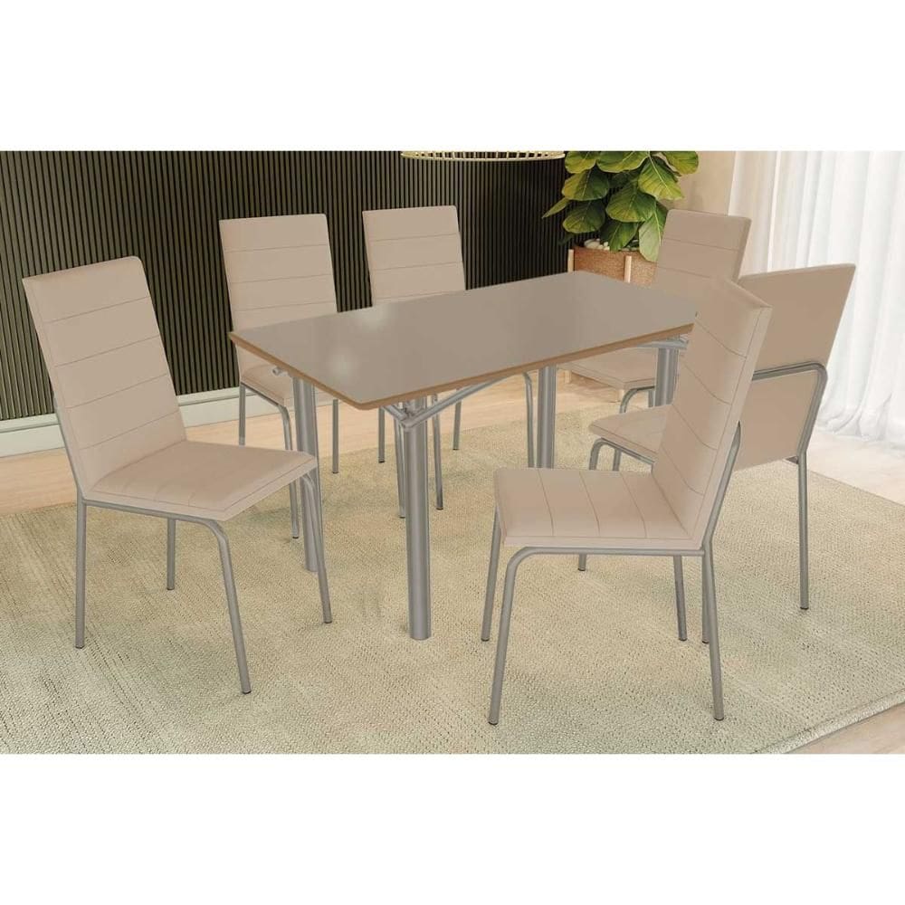 Conjunto: Mesa de Cozinha Elba Tampo Madeirado c/ Vidro 160cm e 6 Cadeiras Amsterdã Niquel/Freijo Bronze - Courano Bege - Kappesberg