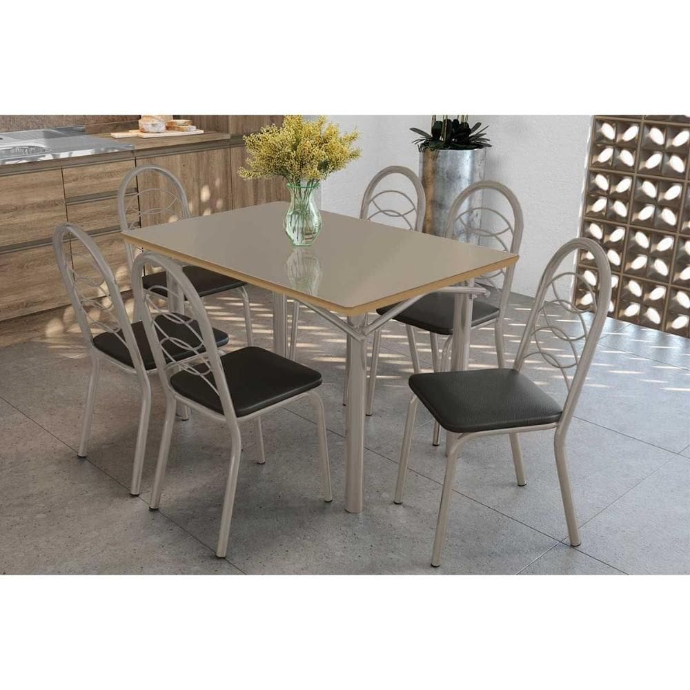 Conjunto: Mesa de Cozinha Elba Tampo Madeirado c/ Vidro 120cm e 6 Cadeiras Holanda Niquel/Freijo Bronze - Courano Preto - Kappesberg