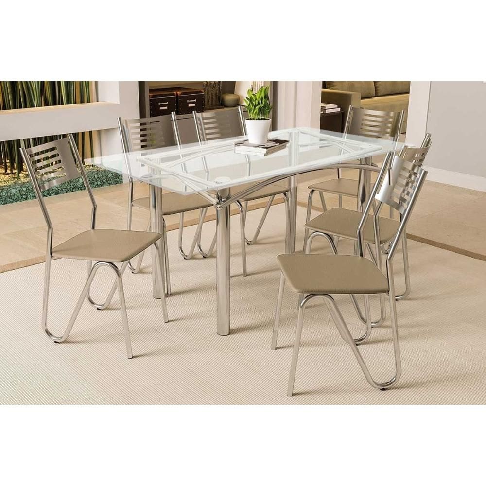 Conjunto: Mesa de Cozinha Elba c/ Tampo de Vidro 150cm e 6 Cadeiras Nápoles Cromada - Courano Bege - Kappesberg