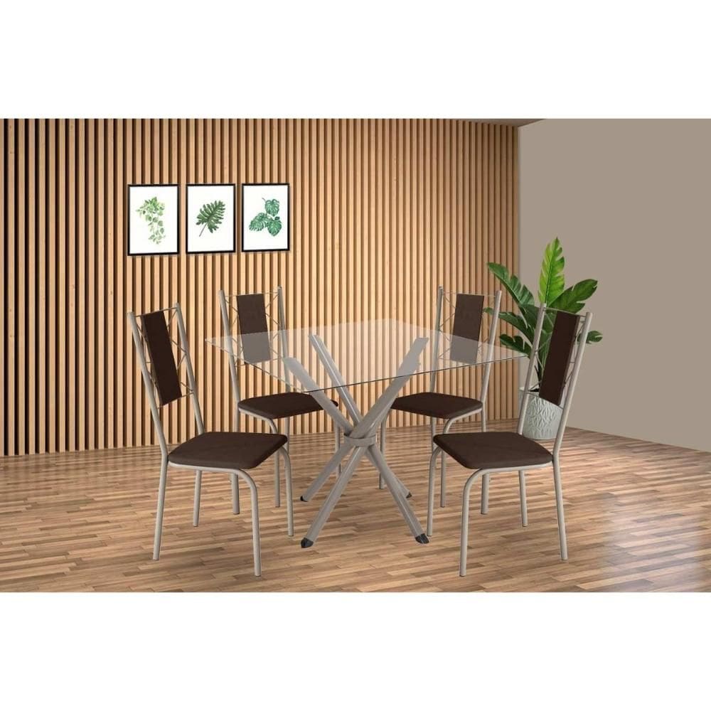 Conjunto: Mesa de Cozinha Volga c/ Tampo de Vidro 90cm e 4 Cadeiras Lisboa Niquel - Courano Marrom - Kappesberg