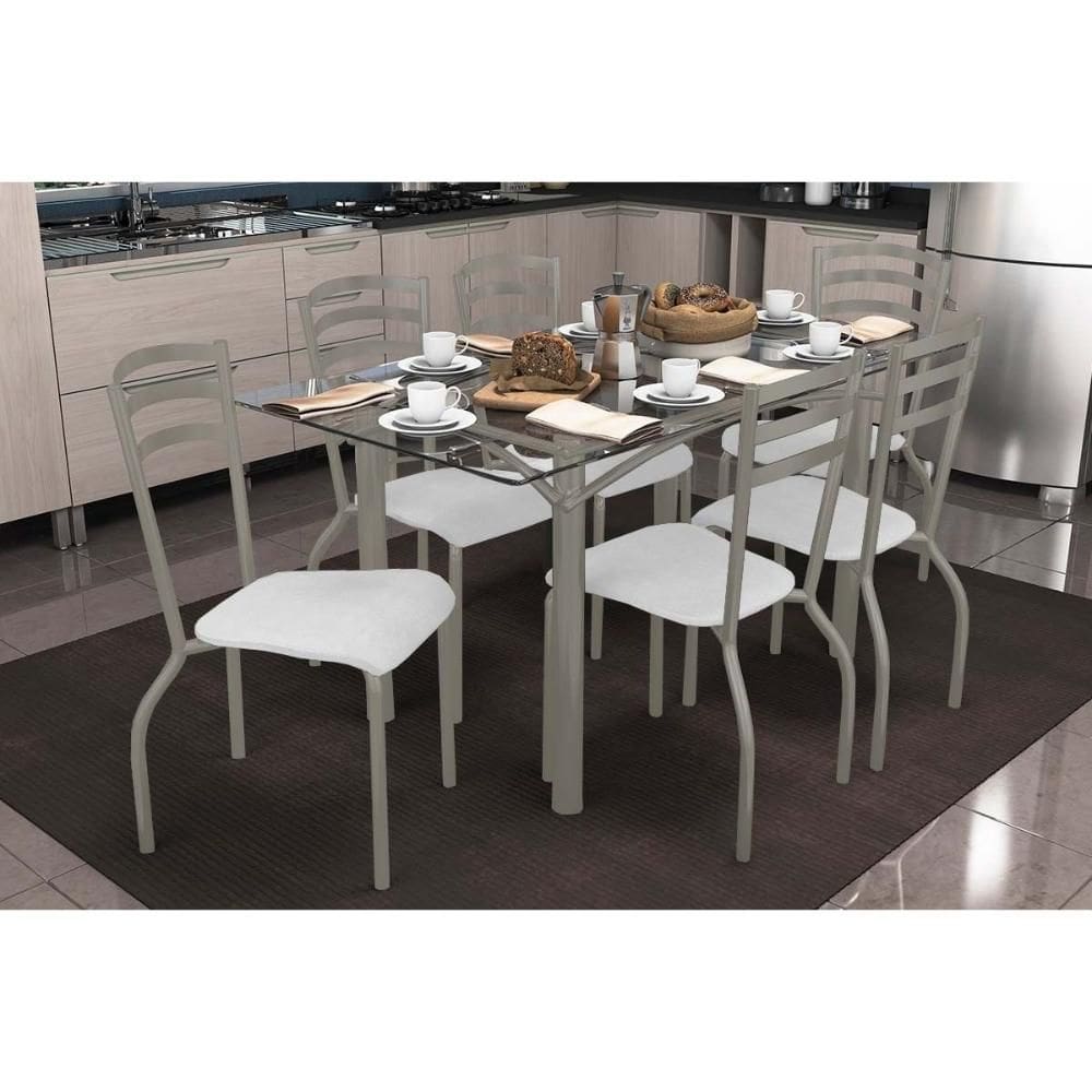 Conjunto: Mesa Sala Jantar Elba c/ Tampo de Vidro 150cm e 6 Cadeiras Portugal Niquel - Courano Branco - Kappesberg