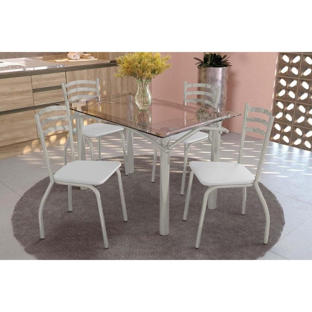 Conjunto: Mesa Sala Jantar Elba c/ Tampo de Vidro 120cm e 4 Cadeiras Portugal Niquel - Courano Branco - Kappesberg