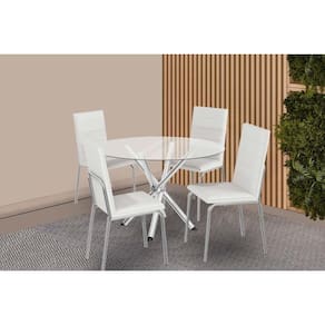 Conjunto: Mesa de Cozinha Volga c/ Tampo de Vidro 95cm e 4 Cadeiras Amsterdã Cromada - Courano Branco - Kappesberg