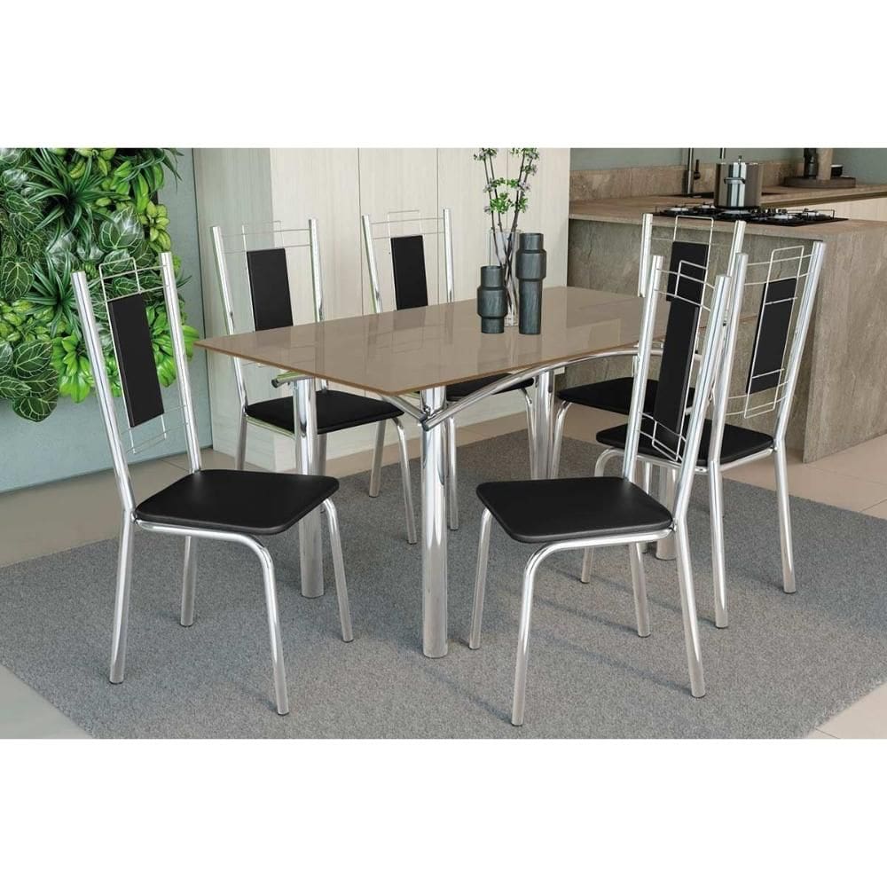 Conjunto: Mesa de Cozinha Elba Tampo Madeirado c/ Vidro 160cm e 6 Cadeiras Florença Cromada/Freijo Bronze - Courano Preto - Kappesberg