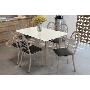 Conjunto: Mesa de Cozinha Elba Tampo Madeirado c/ Vidro 120cm e 6 Cadeiras Holanda Niquel/Off White - Courano Preto - Kappesberg