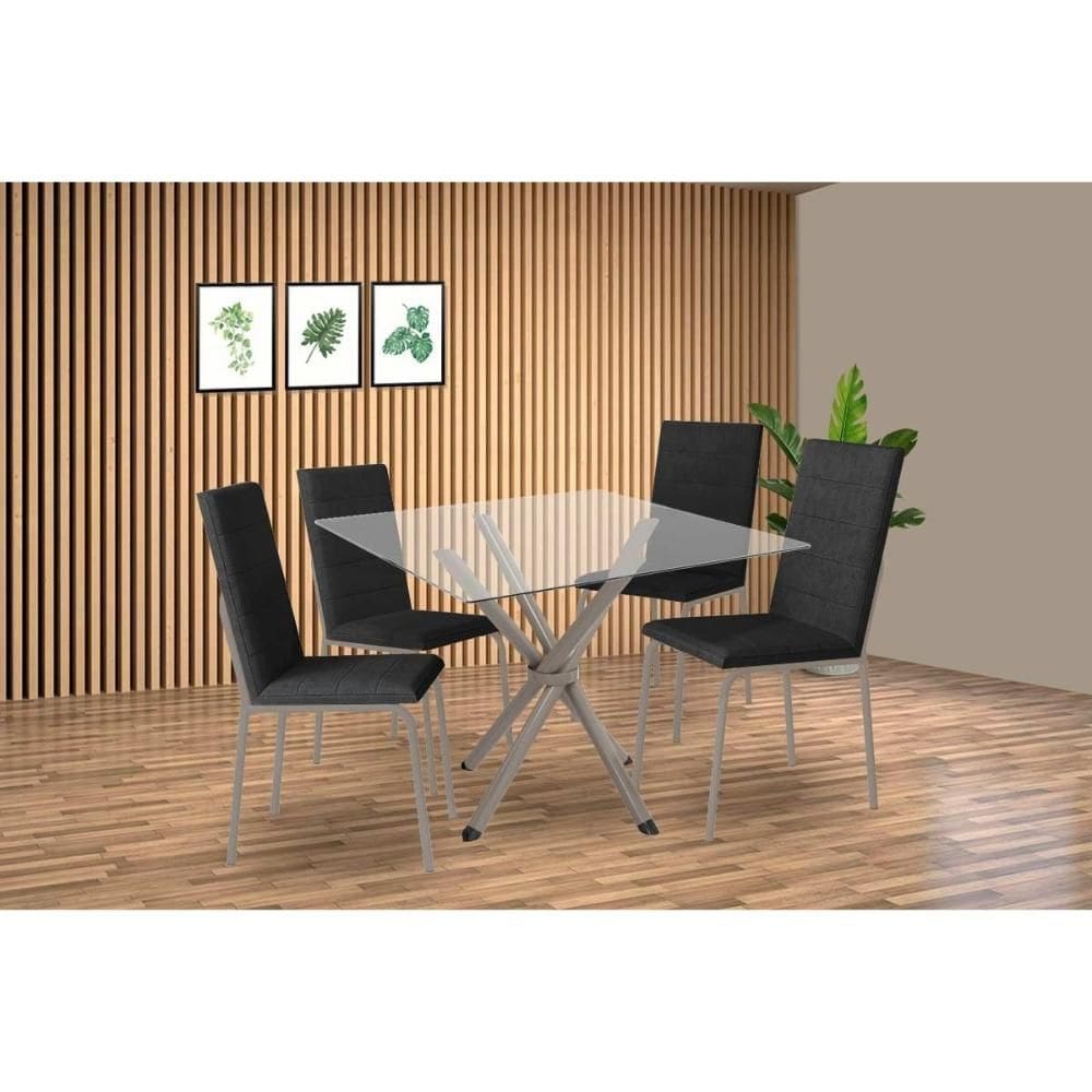 Conjunto: Mesa de Cozinha Volga c/ Tampo de Vidro 90cm e 4 Cadeiras Amsterdã Niquel - Courano Preto - Kappesberg