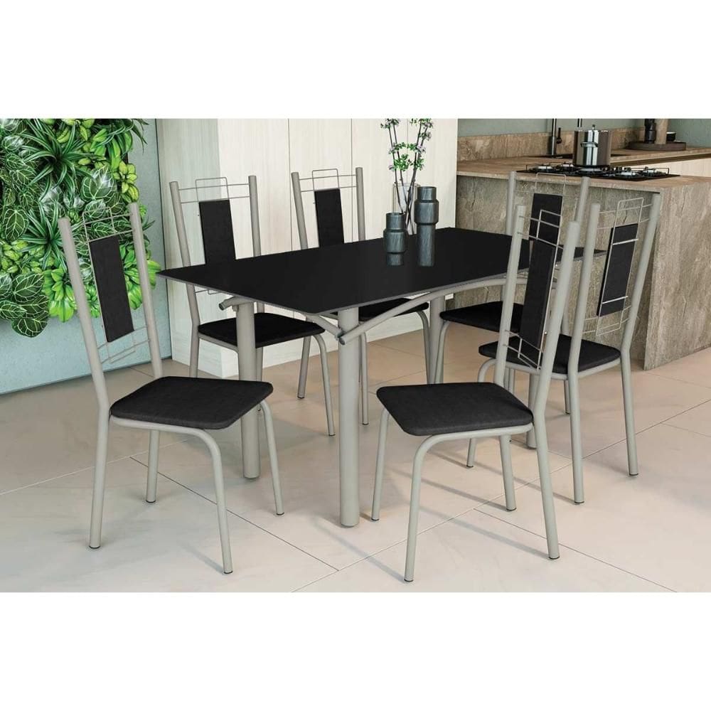 Conjunto: Mesa de Cozinha Elba Tampo Madeirado c/ Vidro 160cm e 6 Cadeiras Florença Niquel/Preto - Courano Preto - Kappesberg