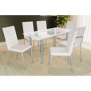 Conjunto: Mesa de Cozinha Elba c/ Tampo de Vidro 140cm e 6 Cadeiras Amsterdã Cromada - Courano Branco - Kappesberg