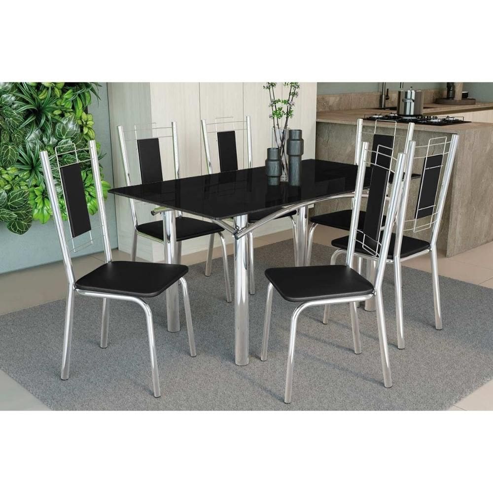 Conjunto: Mesa de Cozinha Elba Tampo Madeirado c/ Vidro 160cm e 6 Cadeiras Florença Cromada/Preto - Courano Preto - Kappesberg