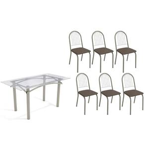 Conjunto: Mesa Sala Jantar Elba c/ Tampo de Vidro 150cm e 6 Cadeiras Noruega Niquel - Courano Marrom - Kappesberg