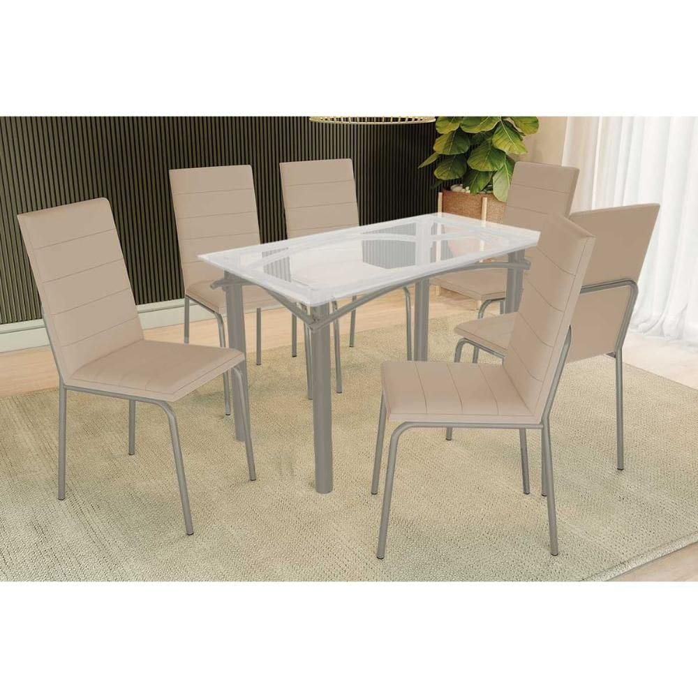 Conjunto: Mesa de Cozinha Elba c/ Tampo de Vidro 120cm e 4 Cadeiras Amsterdã Niquel - Courano Bege - Kappesberg