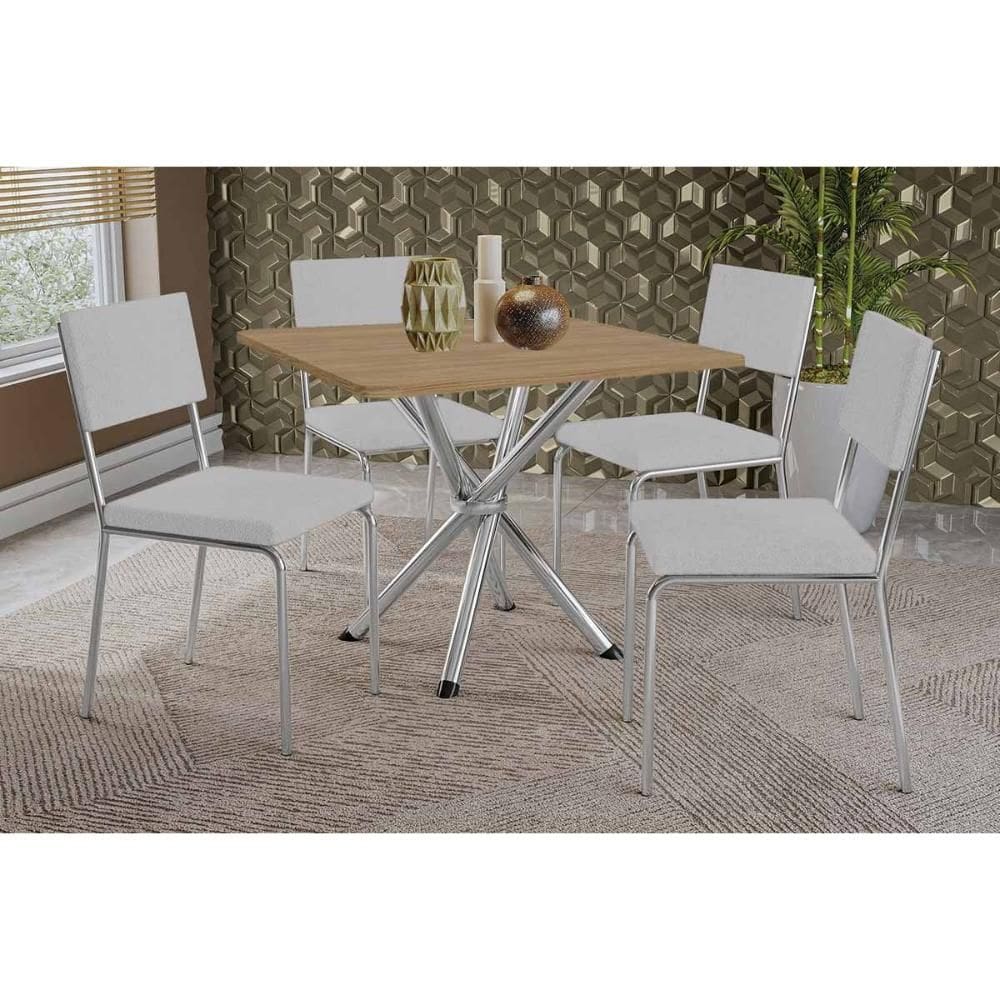 Conjunto: Mesa Sala Jantar Volga c/ Tampo de Madeira 90cm e 4 Cadeiras Zaria Cromada/Nogueira - Boucle Cinza - Kappesberg