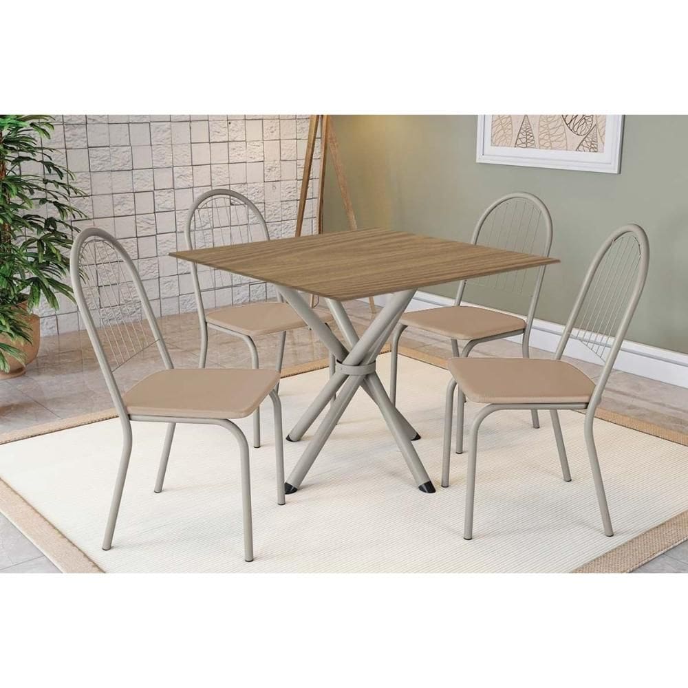 Conjunto: Mesa de Cozinha Volga c/ Tampo de Madeira 90cm e 4 Cadeiras Noruega Niquel/Nogueira - Bege - Kappesberg