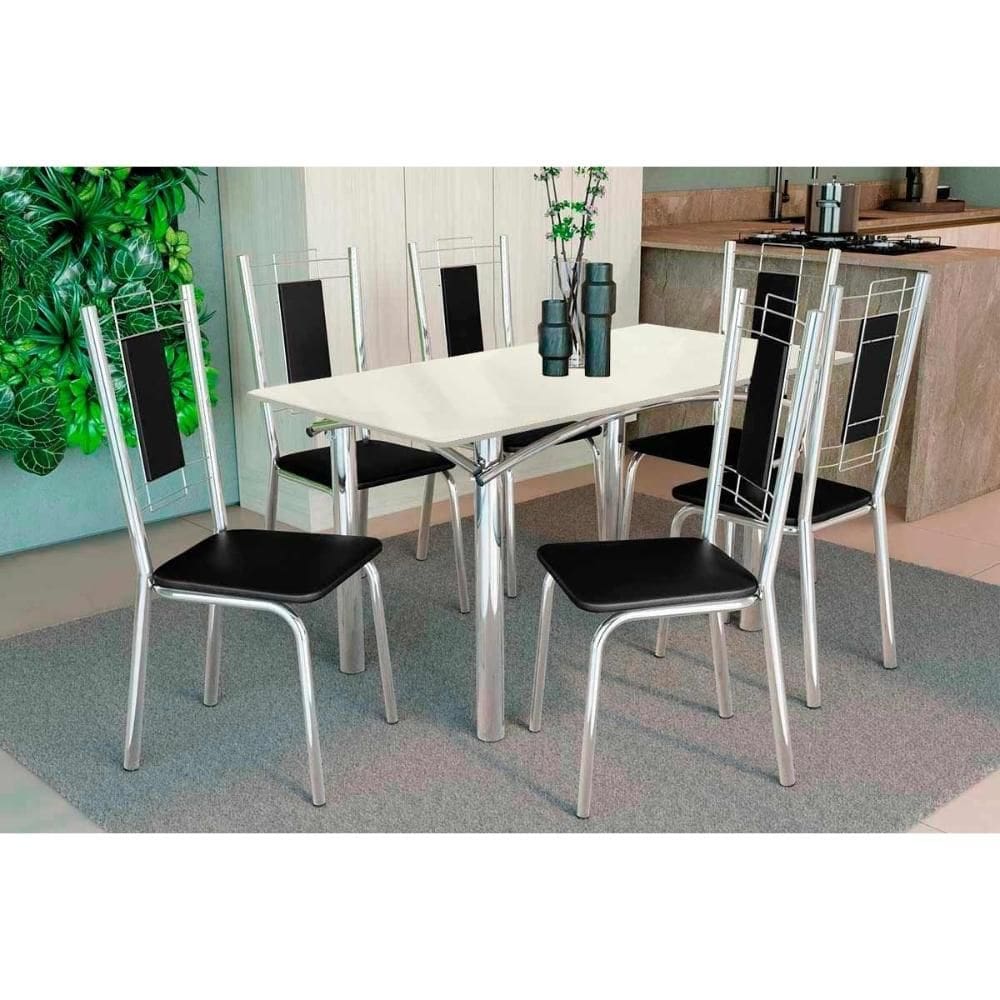 Conjunto: Mesa de Cozinha Elba Tampo Madeirado c/ Vidro 120cm e 6 Cadeiras Florença Cromada/Off White - Courano Preto - Kappesberg