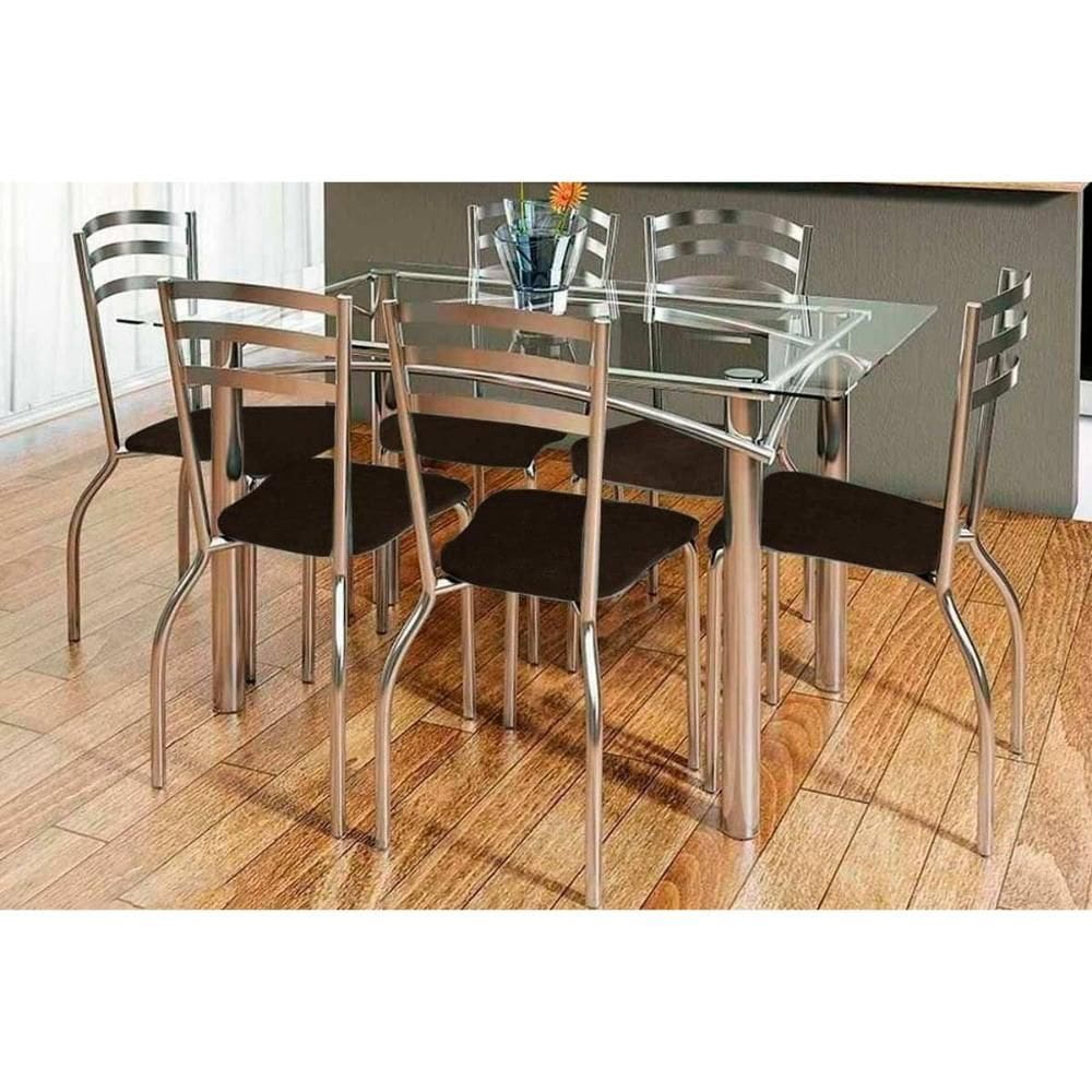 Conjunto: Mesa de Cozinha Elba c/ Tampo de Vidro 150cm e 6 Cadeiras Portugal Cromada - Courano Marrom - Kappesberg
