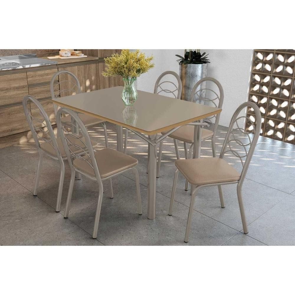 Conjunto: Mesa de Cozinha Elba Tampo Madeirado c/ Vidro 120cm e 6 Cadeiras Holanda Niquel/Freijo Bronze - Courano Bege - Kappesberg