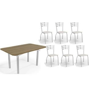 Conjunto: Mesa Sala Jantar Elba c/ Tampo de Madeira 160cm e 6 Cadeiras Portugal Cromada/Nogueira - Courano Branco - Kappesberg