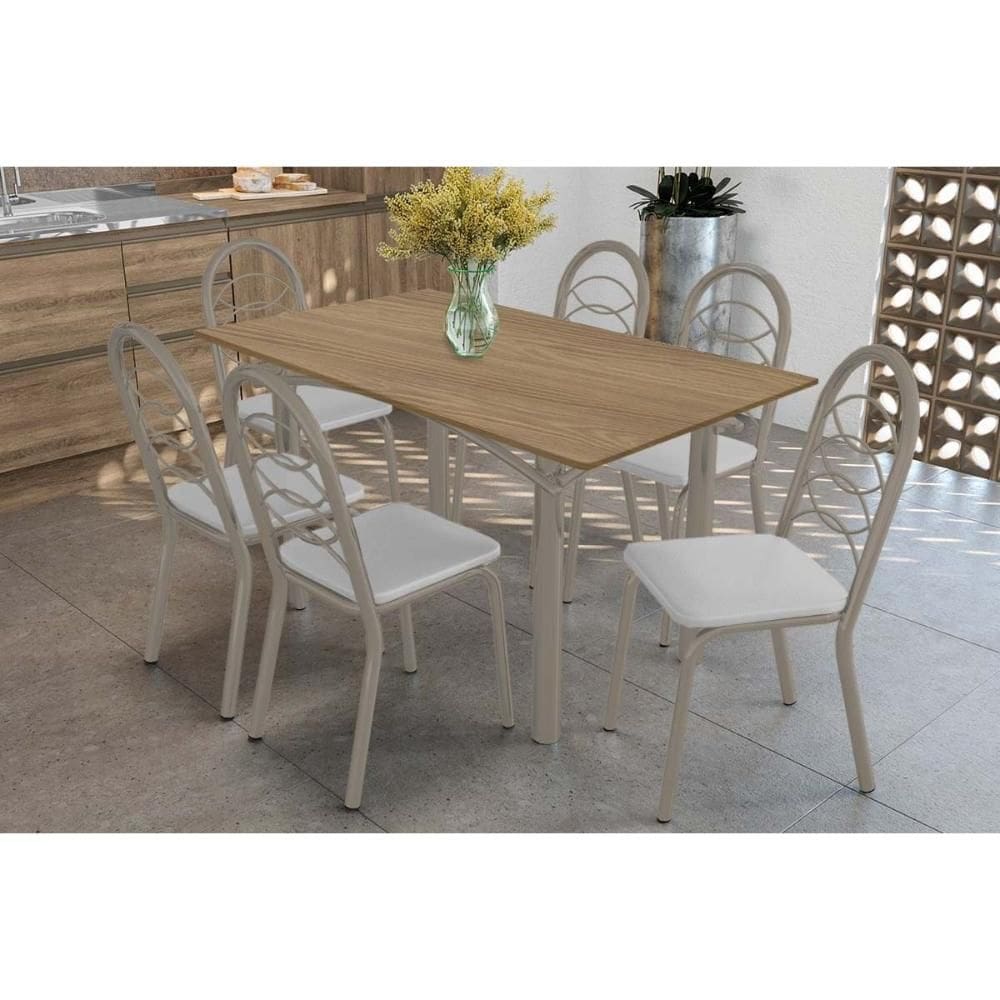 Conjunto: Mesa de Cozinha Elba c/ Tampo de Madeira 160cm e 6 Cadeiras Holanda Niquel/Nogueira - Courano Branco - Kappesberg