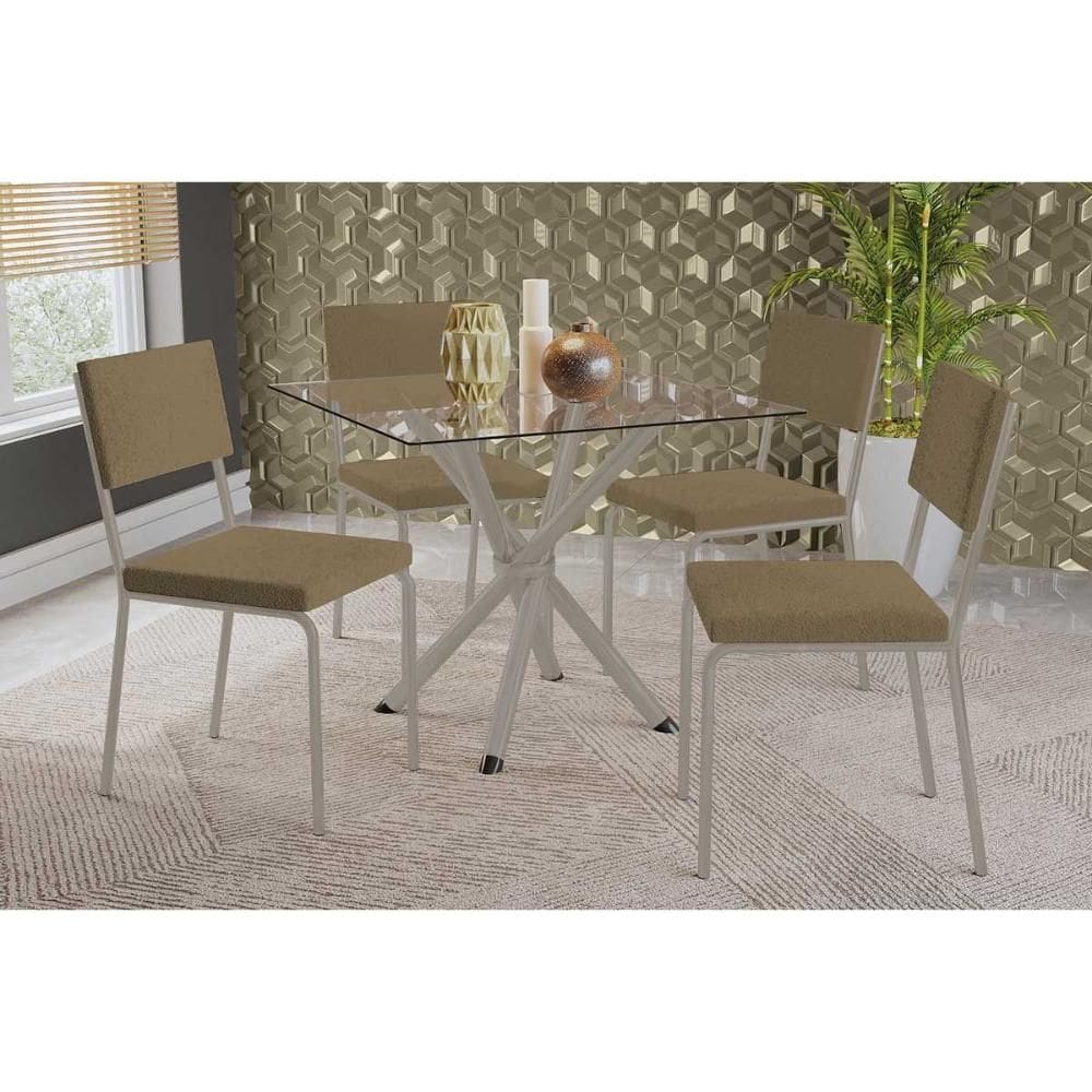 Conjunto: Mesa de Cozinha Volga c/ Tampo de Vidro 90cm e 4 Cadeiras Zaria Niquel - Boucle Bege - Kappesberg