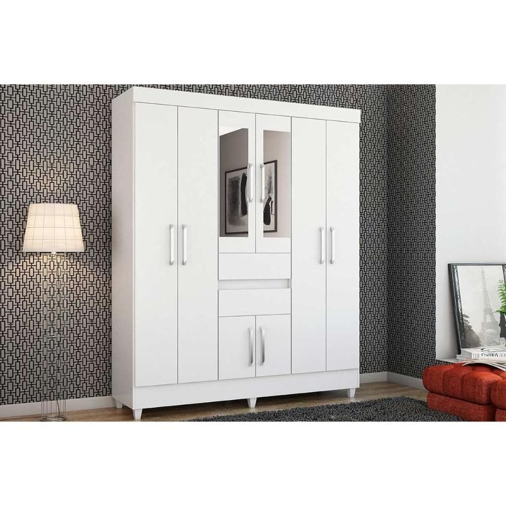 Guarda Roupa Casal 8 Portas (2 c/ Espelho) e 2 Gavetas Munique Branco - Demóbile