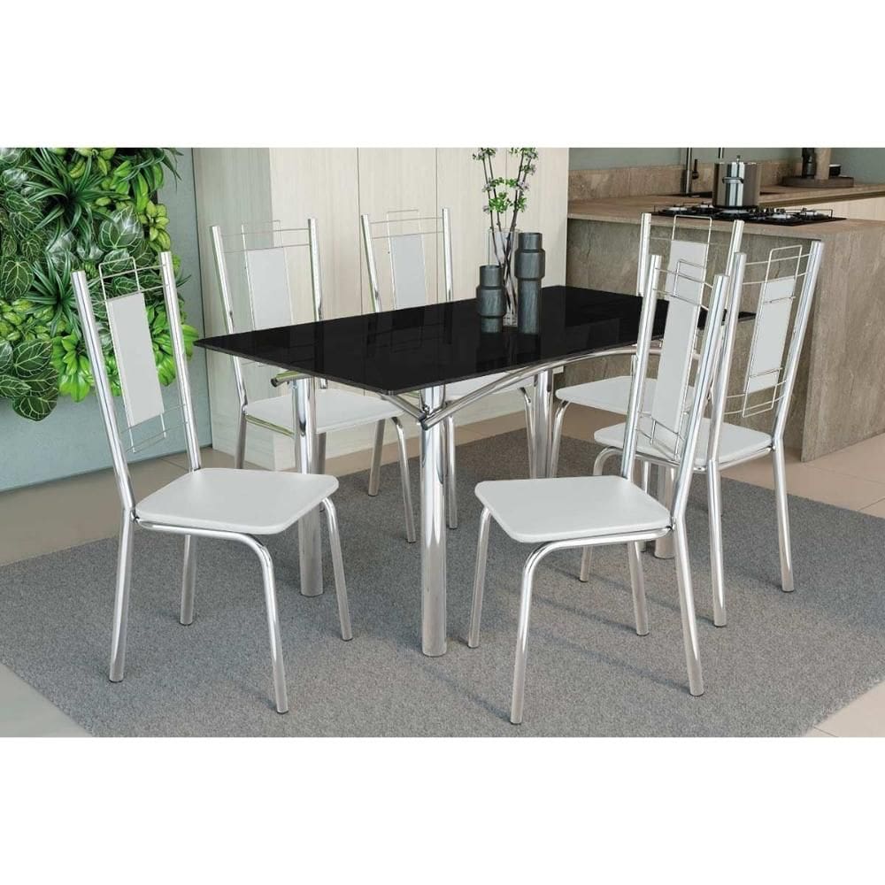 Conjunto: Mesa Sala Jantar Elba Tampo Madeirado c/ Vidro 160cm e 6 Cadeiras Florença Cromada/Preto - Courano Branco - Kappesberg