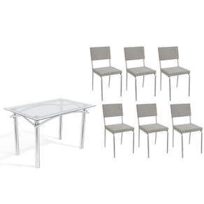 Conjunto: Mesa de Cozinha Elba c/ Tampo de Vidro 120cm e 6 Cadeiras Zaria Cromada - Boucle Cinza - Kappesberg